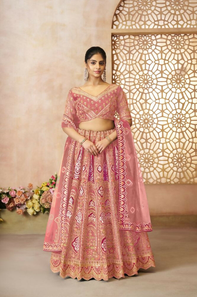 Kesar Fab Pink Banarasi Silk Embroidered Lehenga | Grocsy