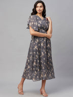 Myshka Women Grey Printed Half Sleeve V Neck Dress | Grocsy
