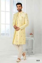 Raivat Ethnic Art Silk Embroidery Work 3 Pcs Indo Jacket Set In Yellow Colour | Grocsy