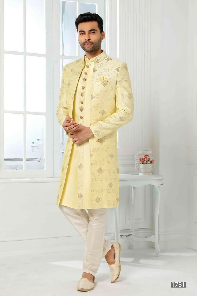Raivat Ethnic Art Silk Embroidery Work 3 Pcs Indo Jacket Set In Yellow Colour | Grocsy