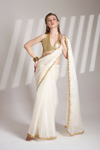 White Burberry Organza Solid Fancy Designer Saree - Nafisa | Grocsy
