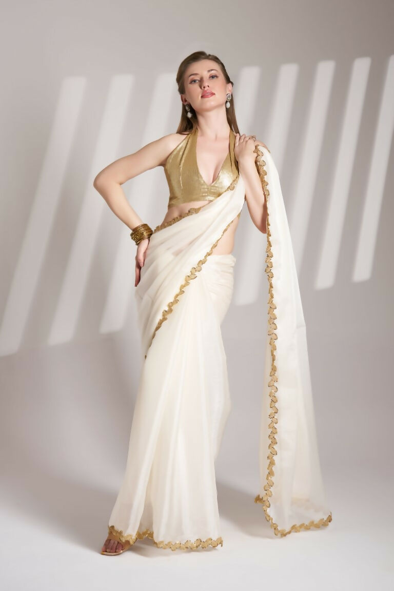 White Burberry Organza Solid Fancy Designer Saree - Nafisa | Grocsy