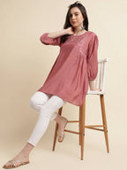 Pink Chinon Yoke Embroidered A-line Top - Tarini | Grocsy