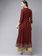 Yufta Women Maroon & Gold Floral Printed Kurta | Grocsy