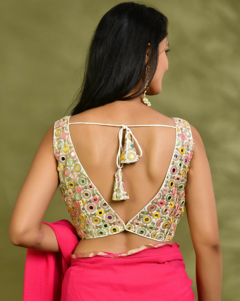 Amodini Designer Studio Multicolor Mirror Work Sleeveless Padded Blouse | Grocsy