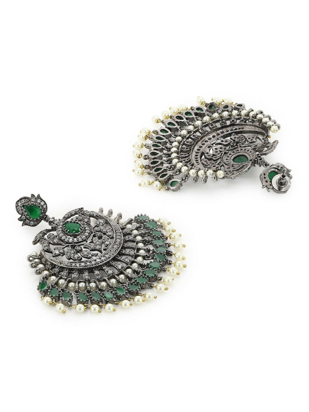 Green & Silver Diamond Chand Earrings- Ruby Raang