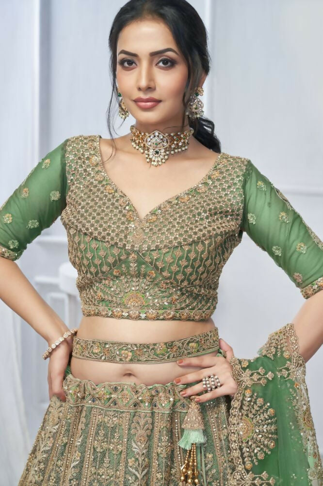 Kesar Fab Green Net Embroidered Lehenga | Grocsy