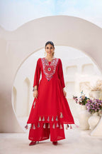 The52 Women's Gorgeous Rayon Fabric Thread Work Straight Kurta Palazzo Set | Grocsy