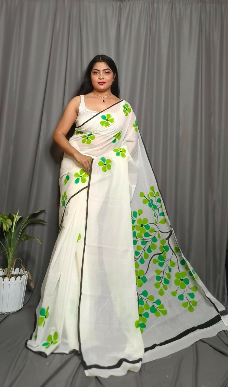 Exclusive Collection Beautiful White Light Green Pure Cotton Hand Print Handloom Saree With Running Blouse Piece | Grocsy