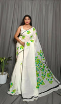 Exclusive Collection Beautiful White Light Green Pure Cotton Hand Print Handloom Saree With Running Blouse Piece | Grocsy