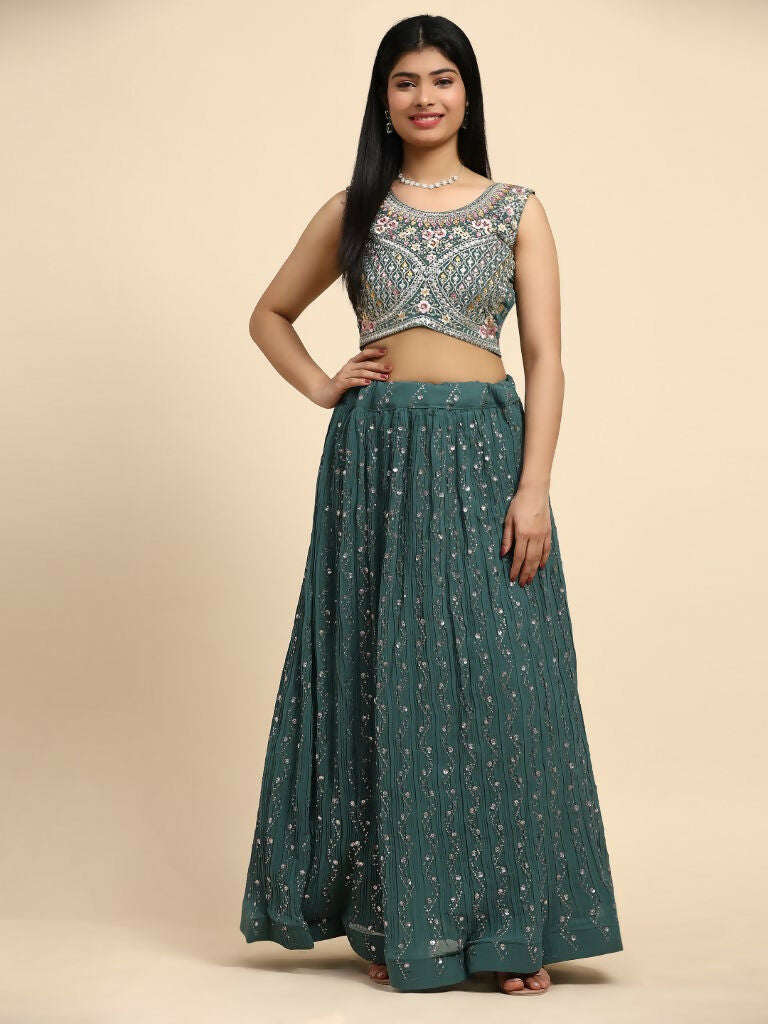 Green Georgette Embroidered Lehenga choli with Dupatta - Dhara | Grocsy