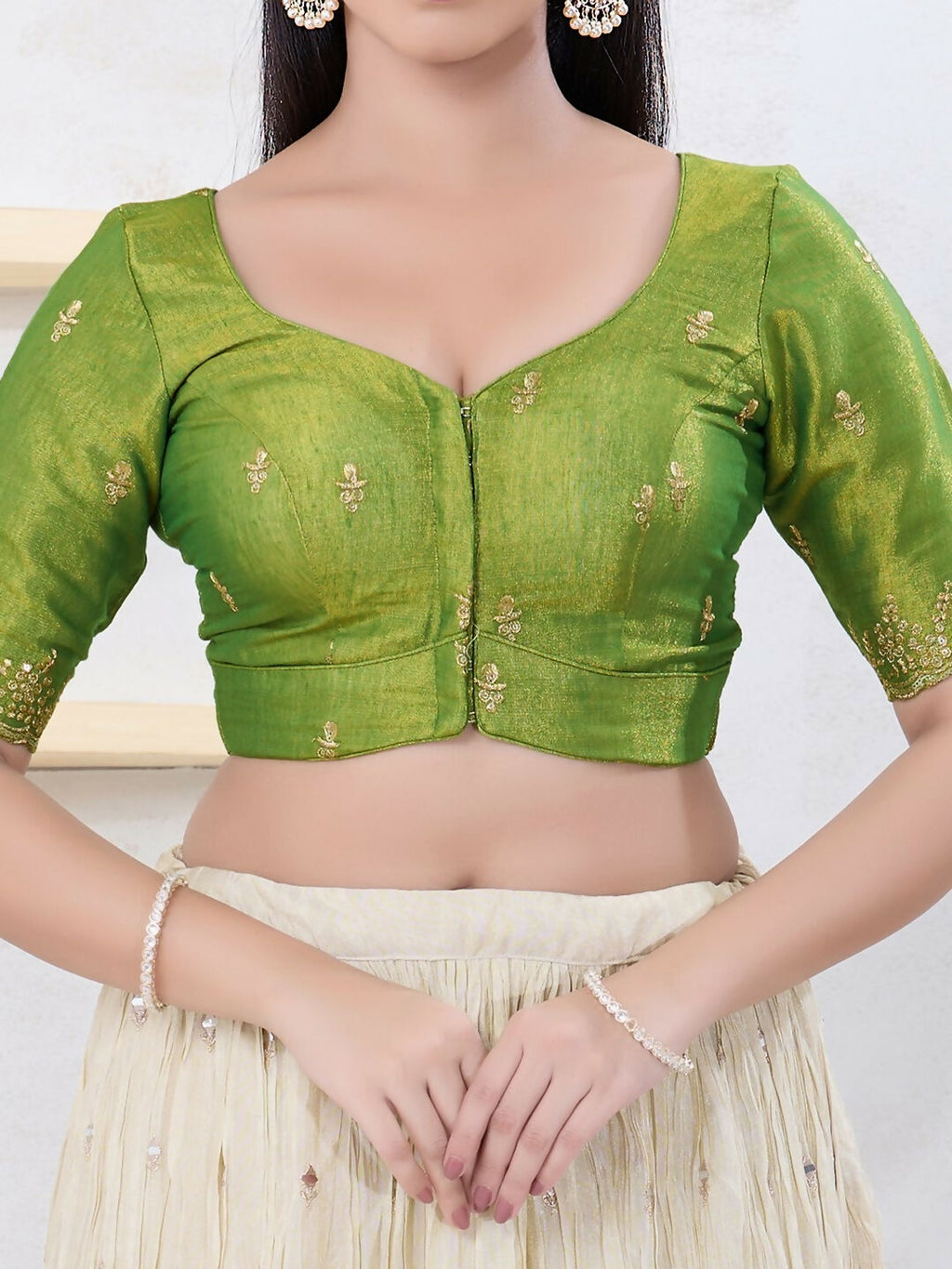 Joban Fashion Green Shimmer Elbow Sleeveless Front Open Blouse | Grocsy