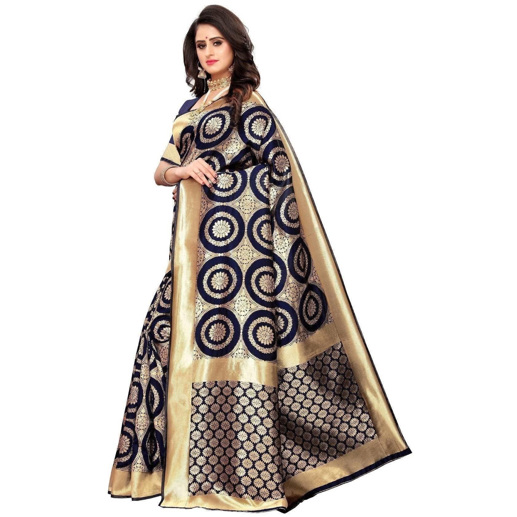 Vamika Banarasi Jaquard Blue Weaving Saree (Banarasi 27) | Grocsy