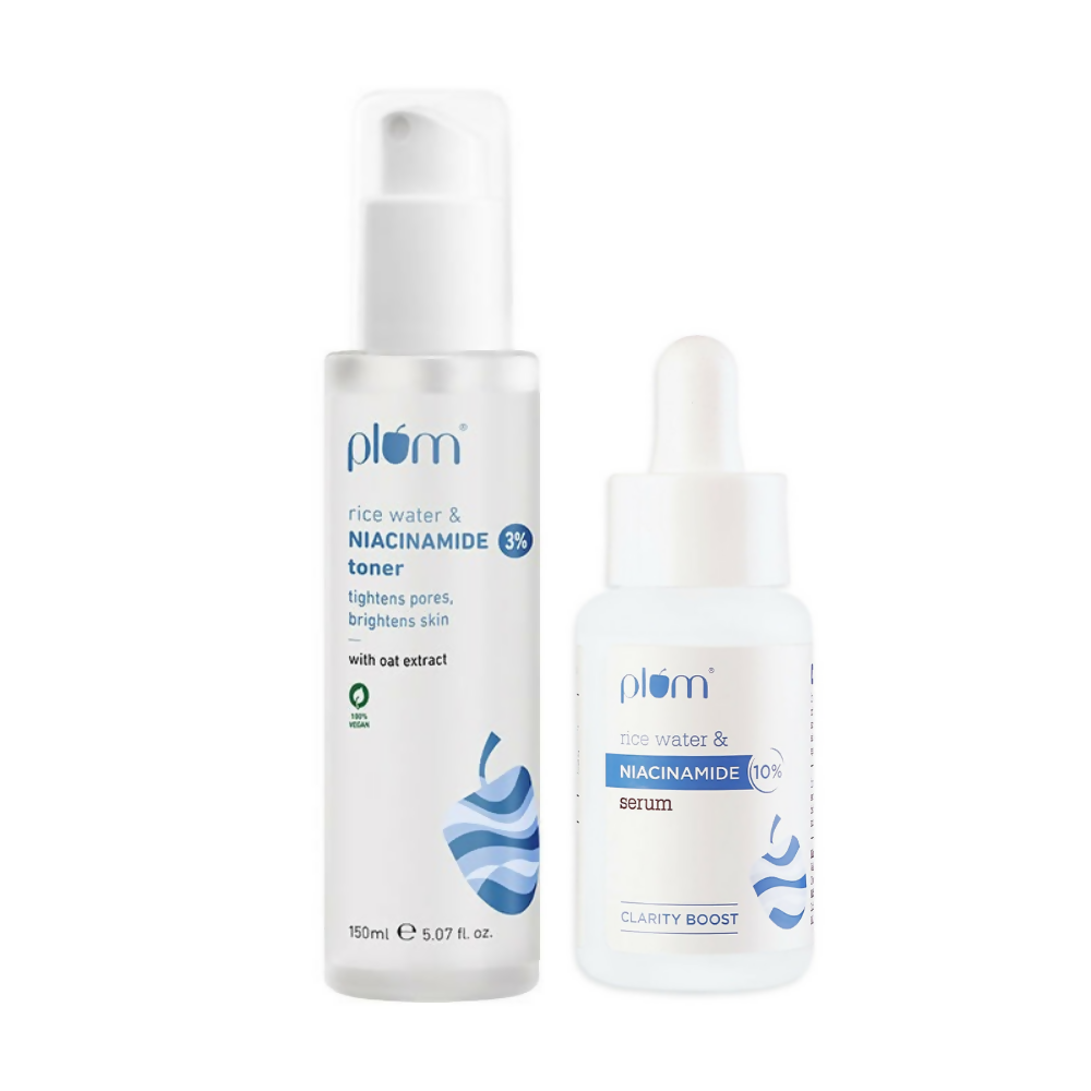 Plum 3% Niacinamide Alcohol-Free Toner and 10% Niacinamide Brightening Face Serum With Rice Water Combo | Grocsy