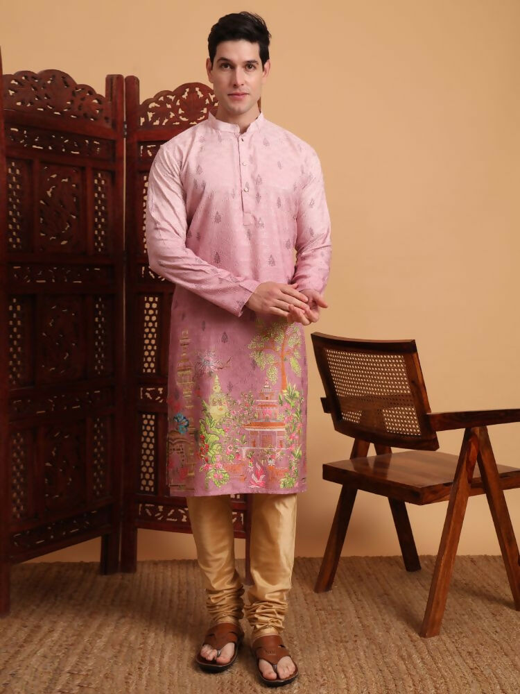 Pink Cotton Printed Chikankari Embroidery Work Kurta - Mahotsav | Grocsy