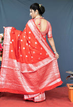 Jyoti Fashion Women's Red Soft Banarasi Silk Zari Woven Saree with Blouse | Grocsy