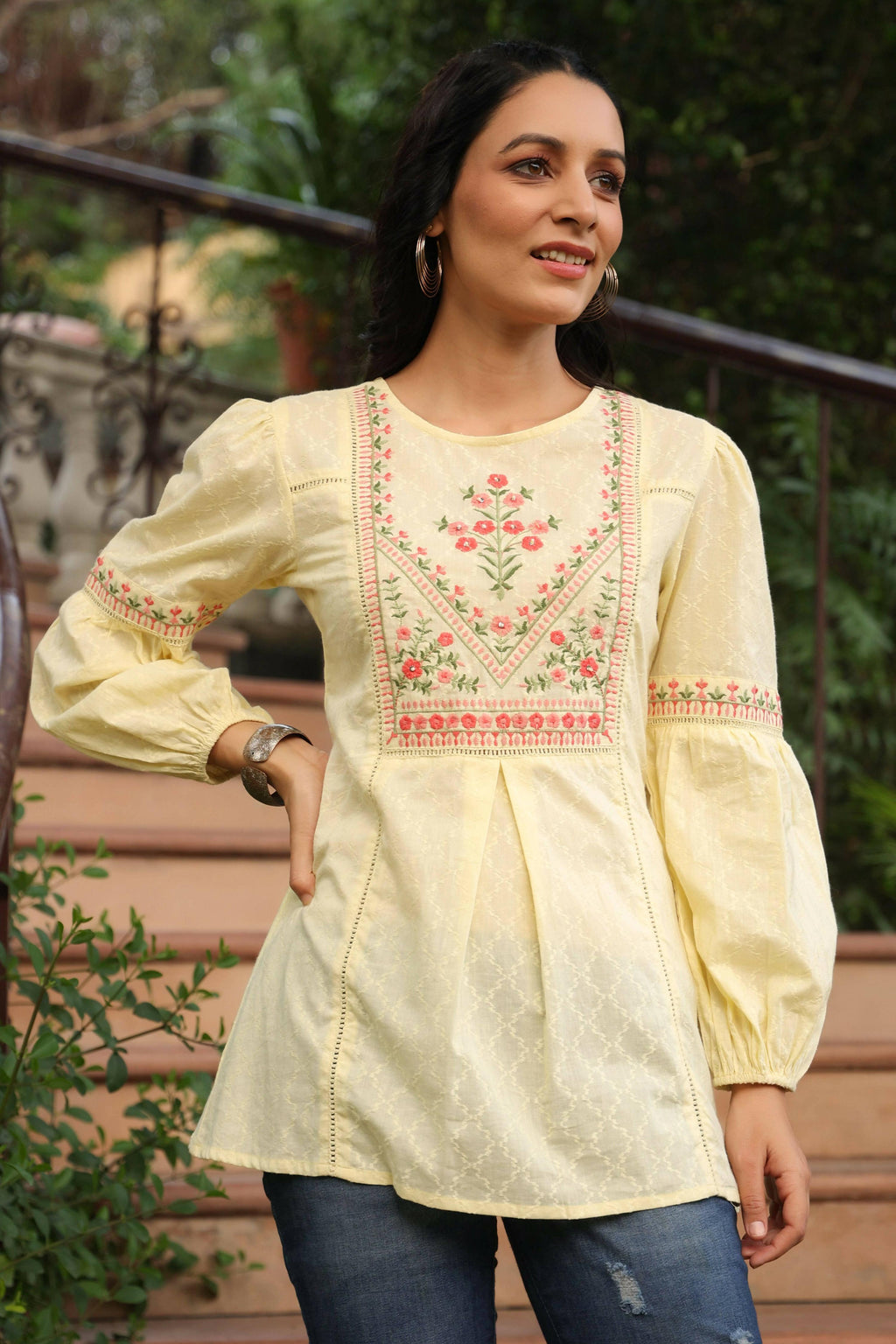 Juniper Women's Lemon Cotton Dobby Solid Embroidered Straight Tunic | Grocsy