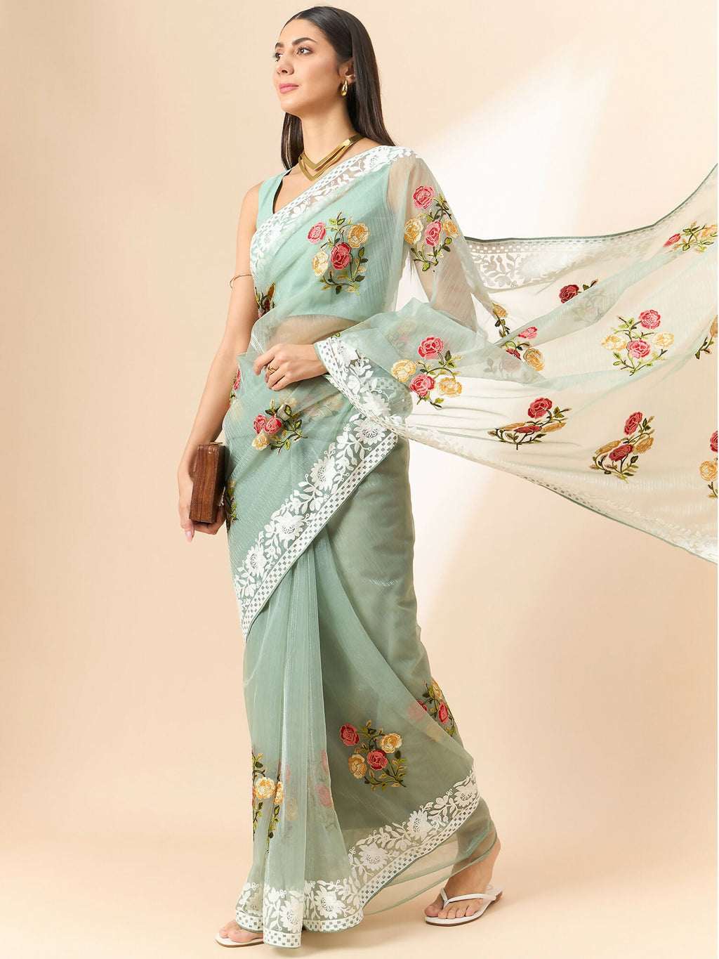 Green Organza Floral Embroidered Saree with Unstitched Blouse Piece - Roozal | Grocsy