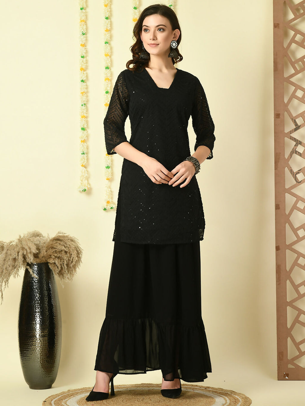 Myshka Women's Black Georgette Kurti & Skirt With Dupatta Party Sets | Grocsy