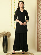 Myshka Women's Black Georgette Kurti & Skirt With Dupatta Party Sets | Grocsy