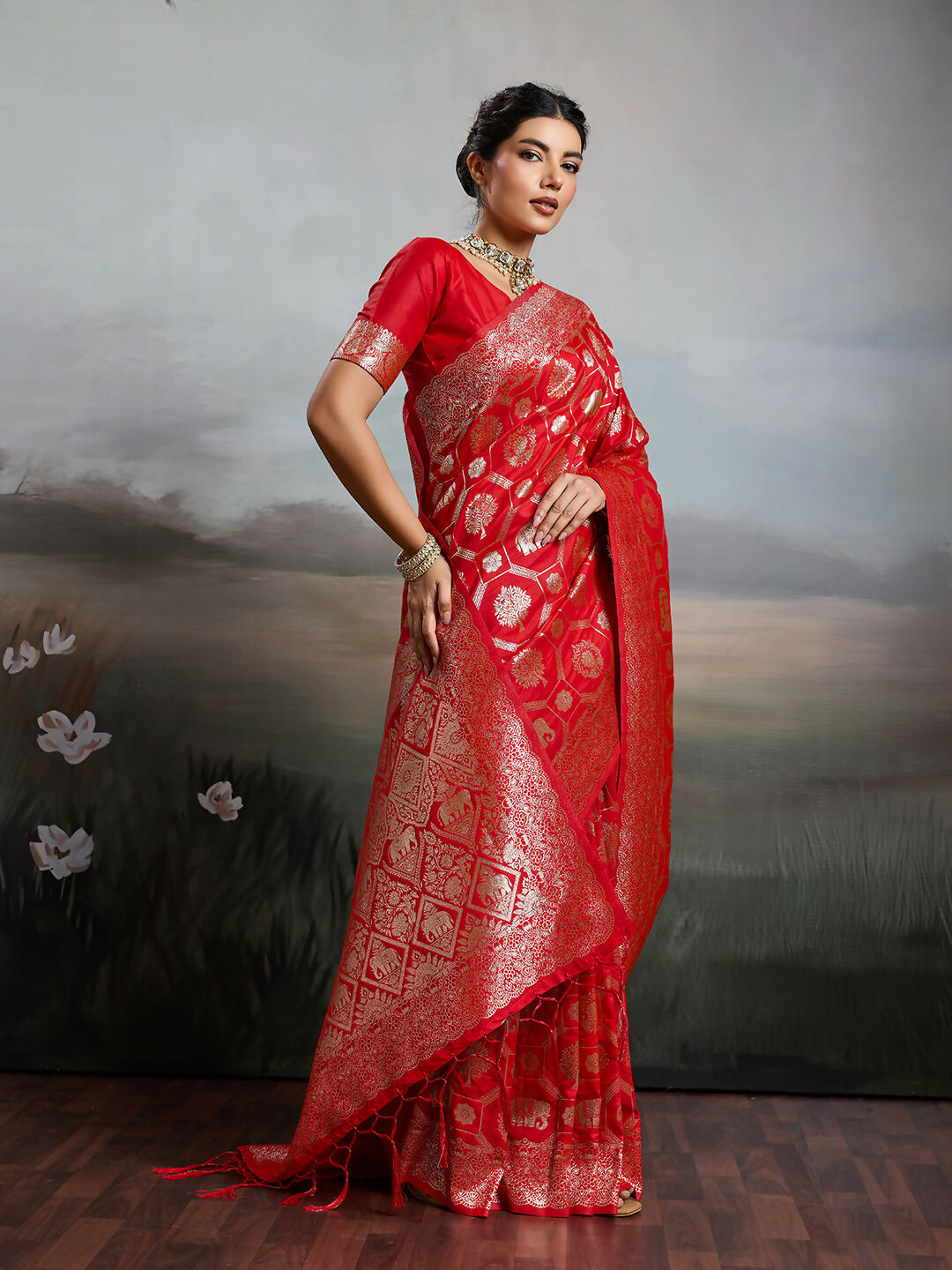 Shree Shyam Fashion Red Silk Blend Saree | Grocsy