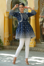 Juniper Women's Indigo Cambric Placement Printed Tunic | Grocsy