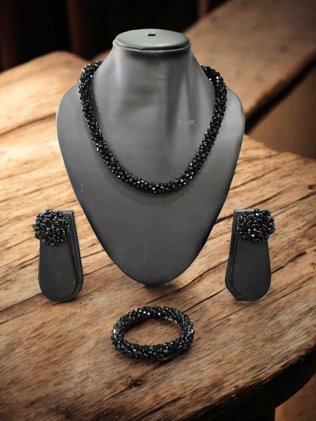 Inhanns Complete Look Crystal Statement 3-Piece Set (Adjustable Necklace + Earrings + Adjustable Bangle ) - Black | Grocsy