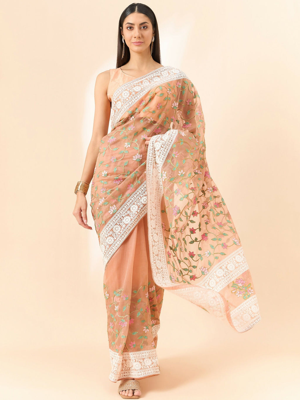 Peach Organza Floral Embroidered Saree with Unstitched Blouse Piece - Roozal | Grocsy