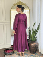 The52 Purple Women's Gorgeous Embroidered Vichitra Silk Fabric Flared Kurta Pant with Dupatta Set | Grocsy