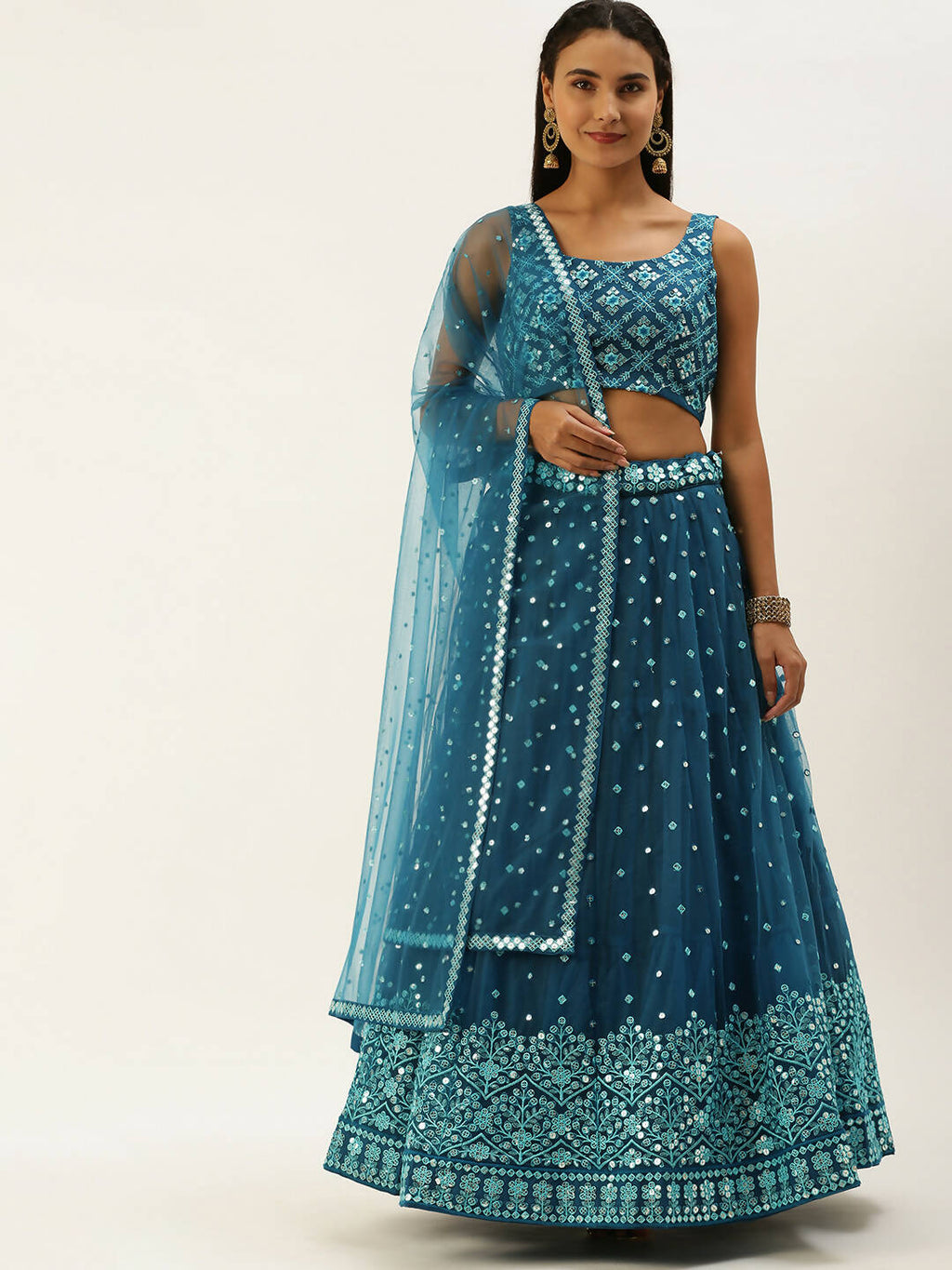 House of Panchhi Teal Net Sequinse Work Lehenga & Blouse, Dupatta | Grocsy