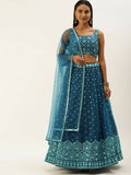 House of Panchhi Teal Net Sequinse Work Lehenga & Blouse, Dupatta | Grocsy