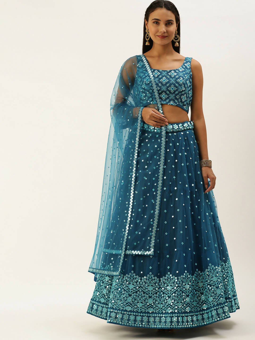 House of Panchhi Teal Net Sequinse Work Lehenga & Blouse, Dupatta | Grocsy