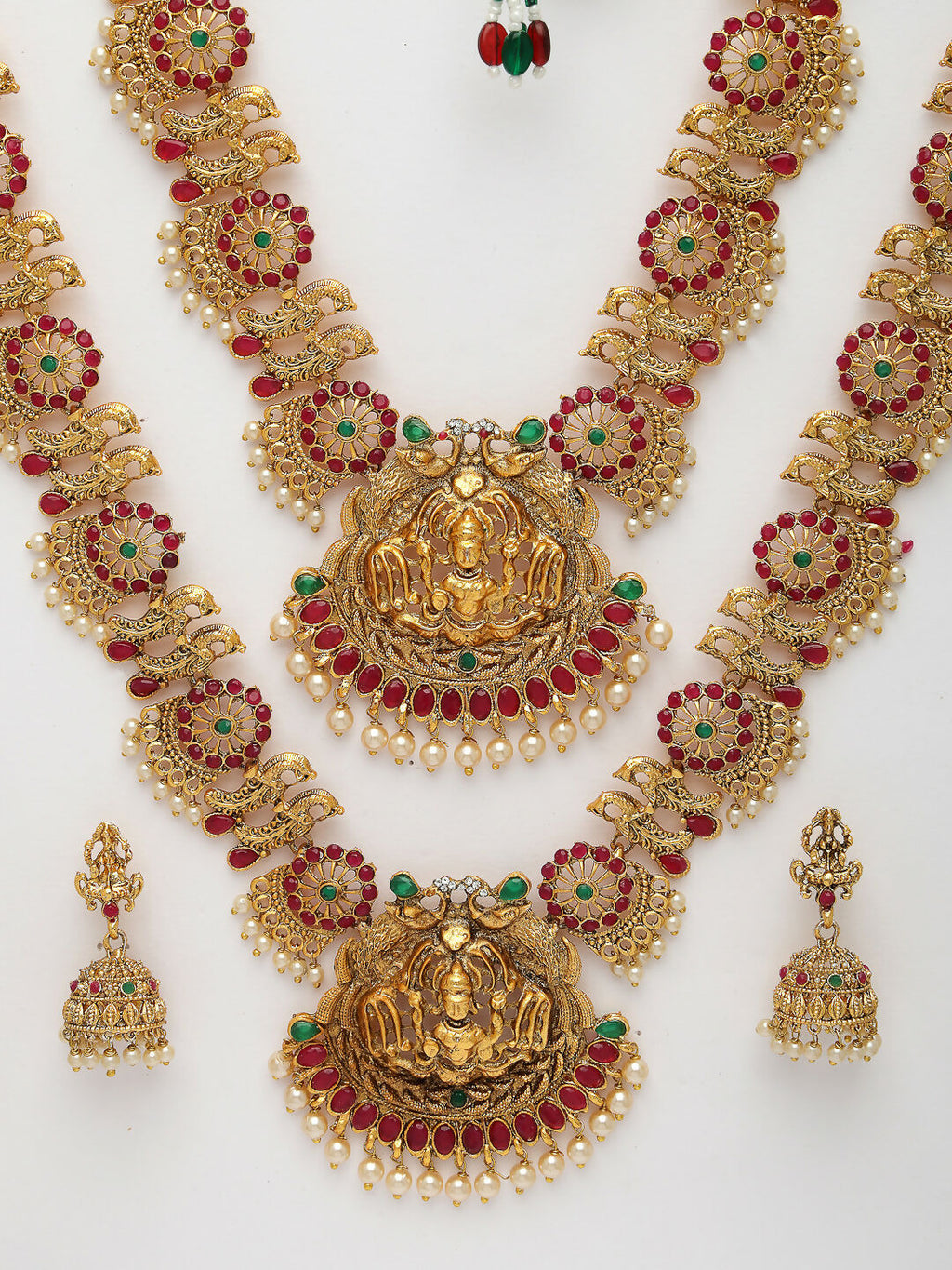NVR Women's Set of 2 Gold-Polished Green & Pink Stone Studded Peacock & Lakshmi Design Temple Jewellery Set | Grocsy