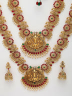 NVR Women's Set of 2 Gold-Polished Green & Pink Stone Studded Peacock & Lakshmi Design Temple Jewellery Set | Grocsy
