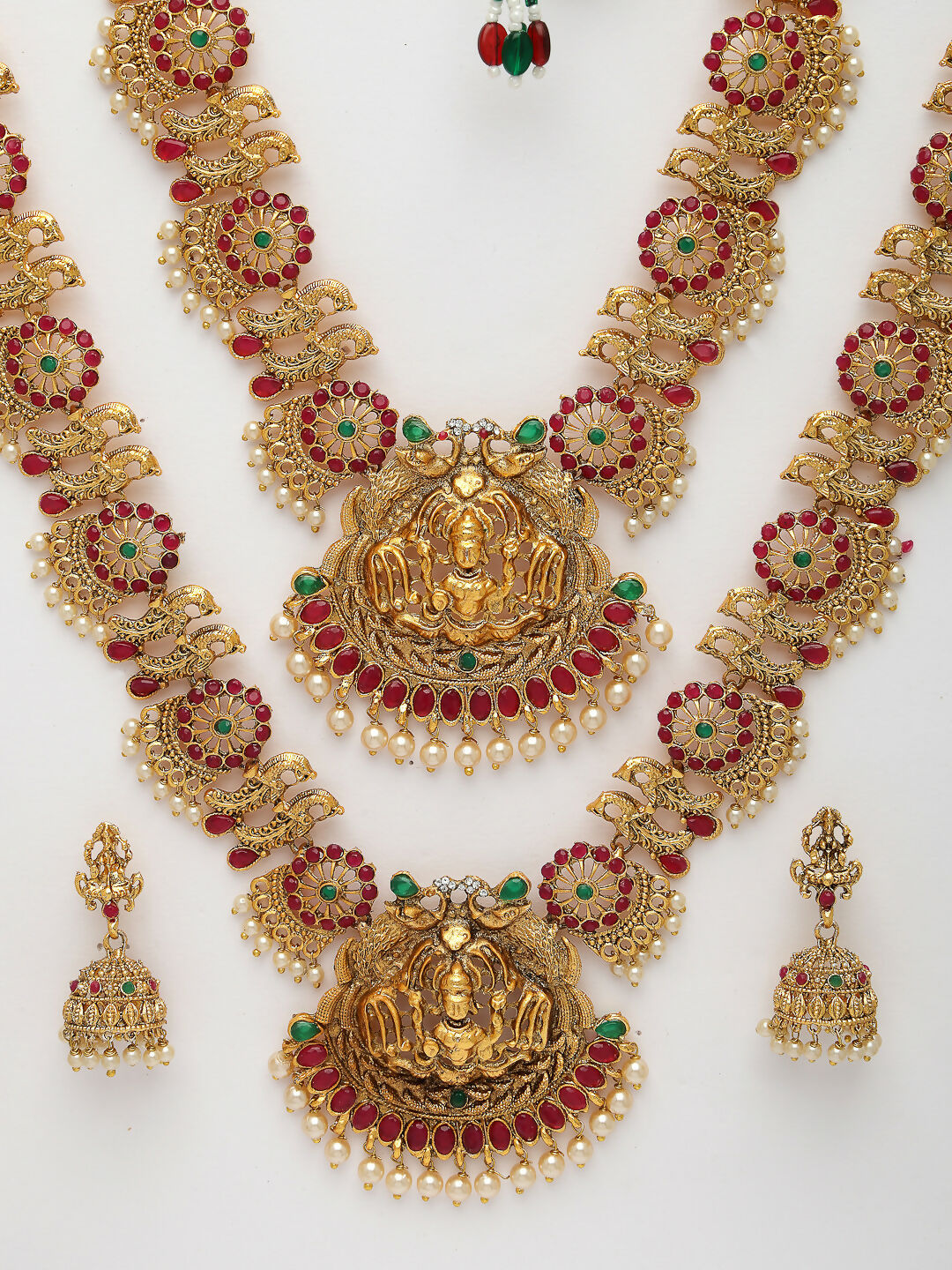 NVR Women's Set of 2 Gold-Polished Green & Pink Stone Studded Peacock & Lakshmi Design Temple Jewellery Set | Grocsy