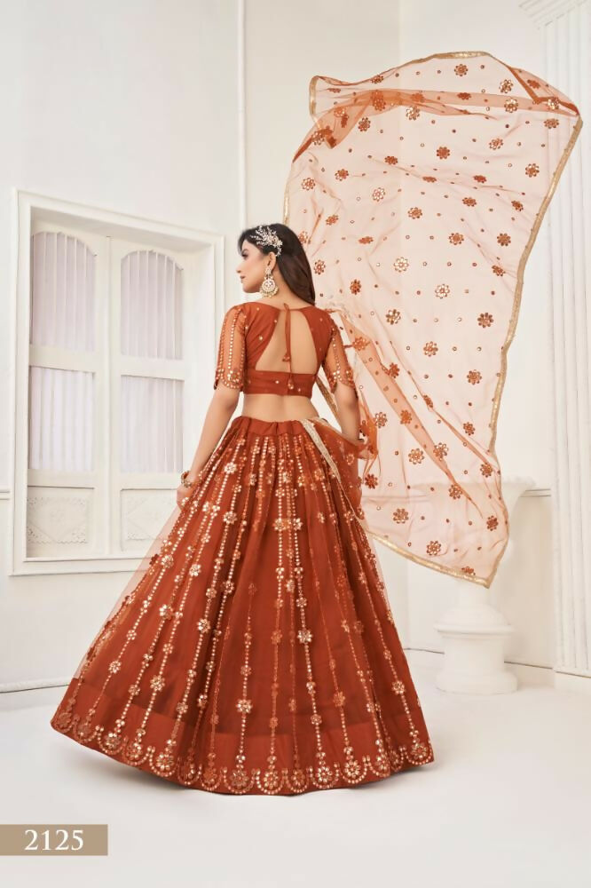 Aastha Fashion Brown Butterfly Net Tone To Tone Thread Work And Mirror Work Embroidery Wedding Wear Lehenga Choli | Grocsy