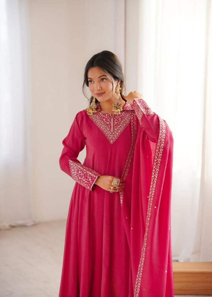 Lehenga Mart Designer Anarkali Suit With Kurta, Pant, Dupatta For Women-Rani Pink | Grocsy