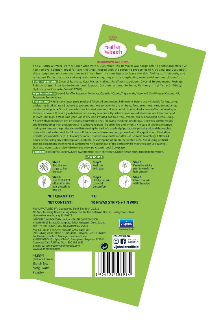 VI-JOHN Feather Touch Cucumber & Alevera Hair Removal Wax Strips for Dry Skin Praraben & Sulphate Free | Grocsy