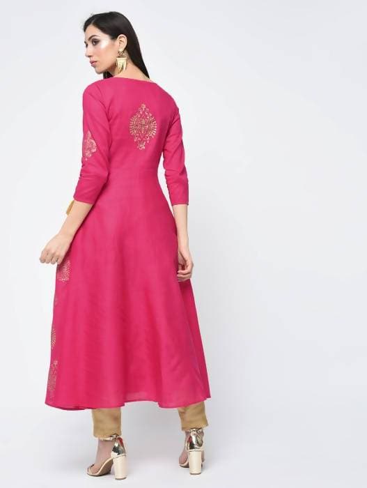 Aniyah Cotton Block Printed Angrakha Kurta Fuchsia (AN-132K) | Grocsy