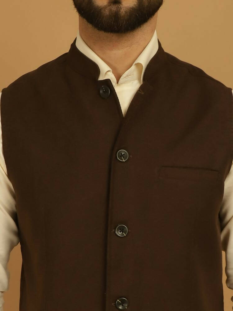 Even Apparels Pure Wool Nehru Jacket - Brown | Grocsy