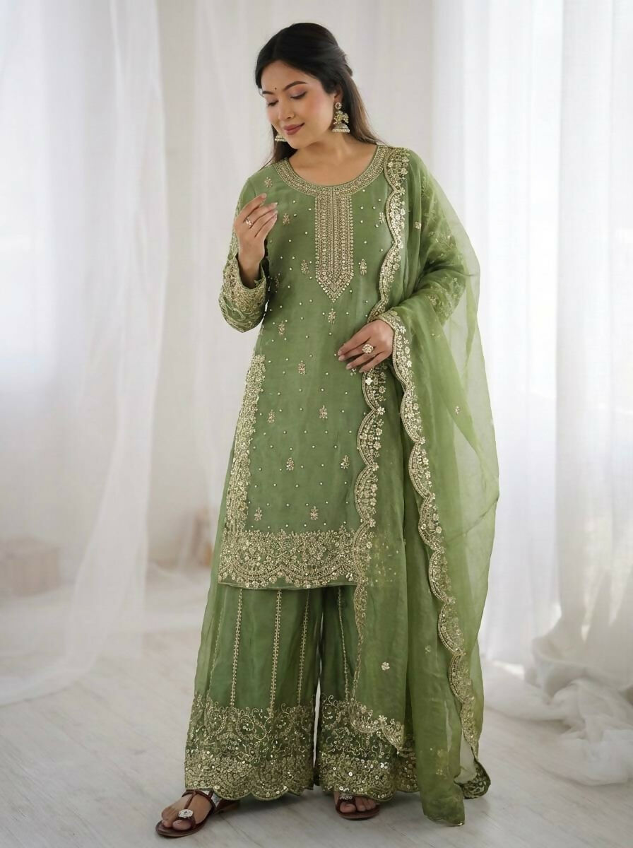 Teeya Creation Parrot Green Color Fendy Silk Embroidery Work Wedding Wear Salwar Suit | Grocsy