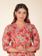 Aramya Red Soft Cotton Floral Print Panelled Kurta Set for Women | Grocsy
