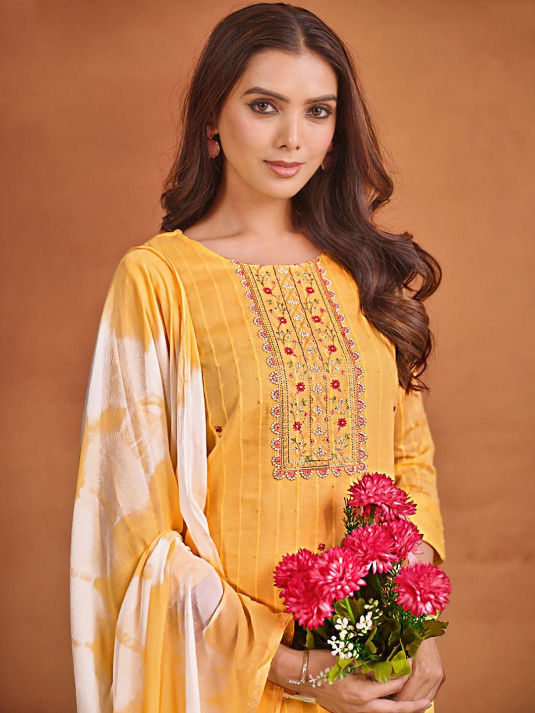 Sangria Ethnic Motifs Embroidered Thread Work Chanderi Silk Kurta with Trousers & Dupatta | Grocsy