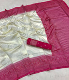 DEIANA'S Beautiful Designer Golden zari Soft Lichi Silk Saree - White | Grocsy