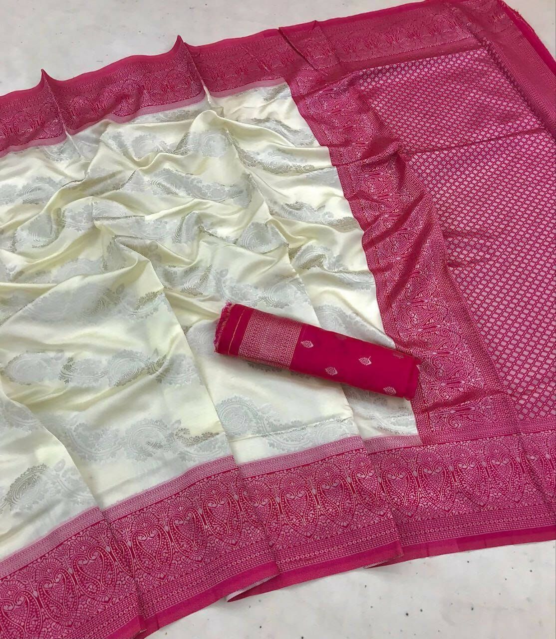 DEIANA'S Beautiful Designer Golden zari Soft Lichi Silk Saree - White | Grocsy