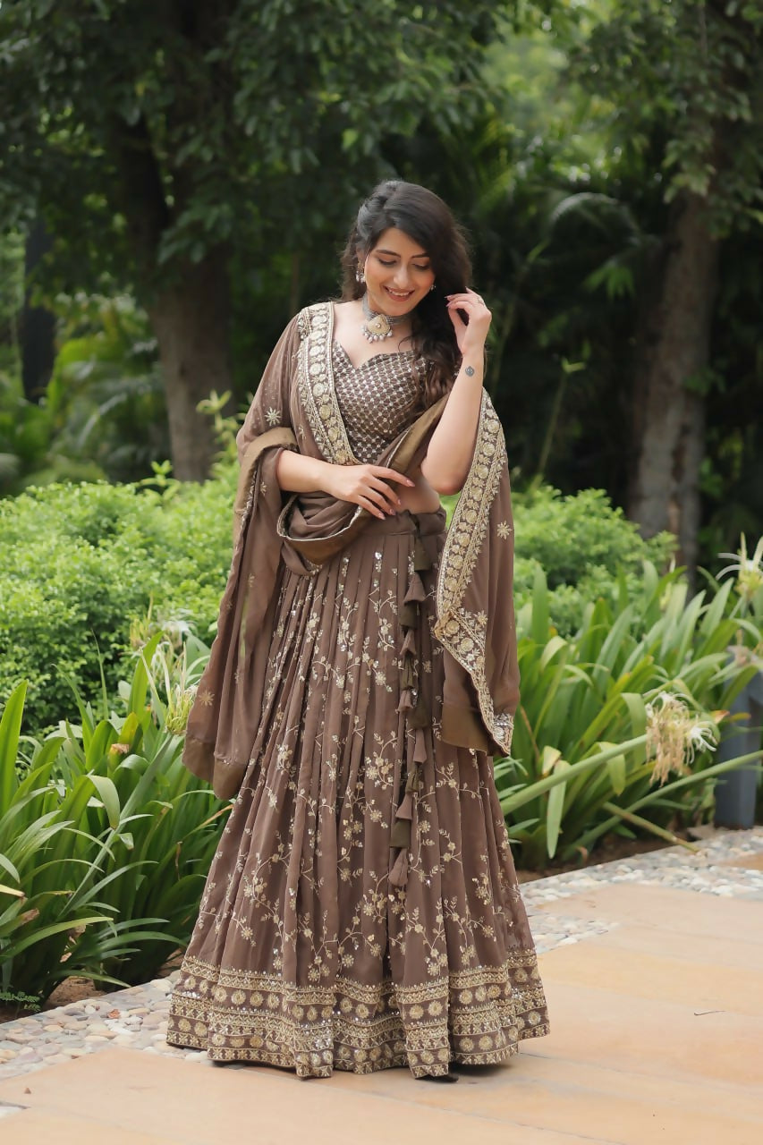 Vastranavya Designer Heavy Sequins & Thread Embroidered work Lehenga Choli - Beige | Grocsy