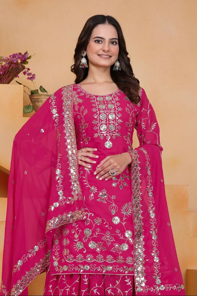 Lehenga Mart Designer Sharara Suit With Kurta, Sharara, Dupatta For Women-Rani Pink | Grocsy