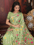 Shree Shyam Fashion Linen Cotton Green Saree | Grocsy