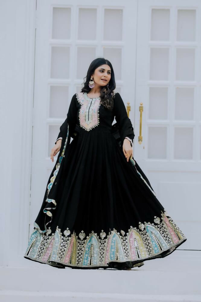 Joban Fashion Black Chinnon Silk Sequence Embroidery Work Readymade Kurta Set | Grocsy