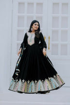 Joban Fashion Black Chinnon Silk Sequence Embroidery Work Readymade Kurta Set | Grocsy